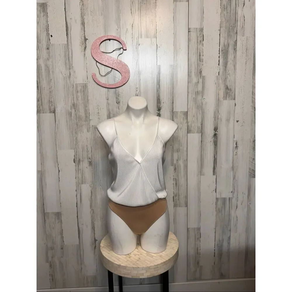 Wayf White Ribbed Wrap Bodysuit Size Small Adjustable Straps Stretch NWT